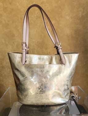 Michael KORS Metallic Gold Tote Handbag with Light Tan Straps